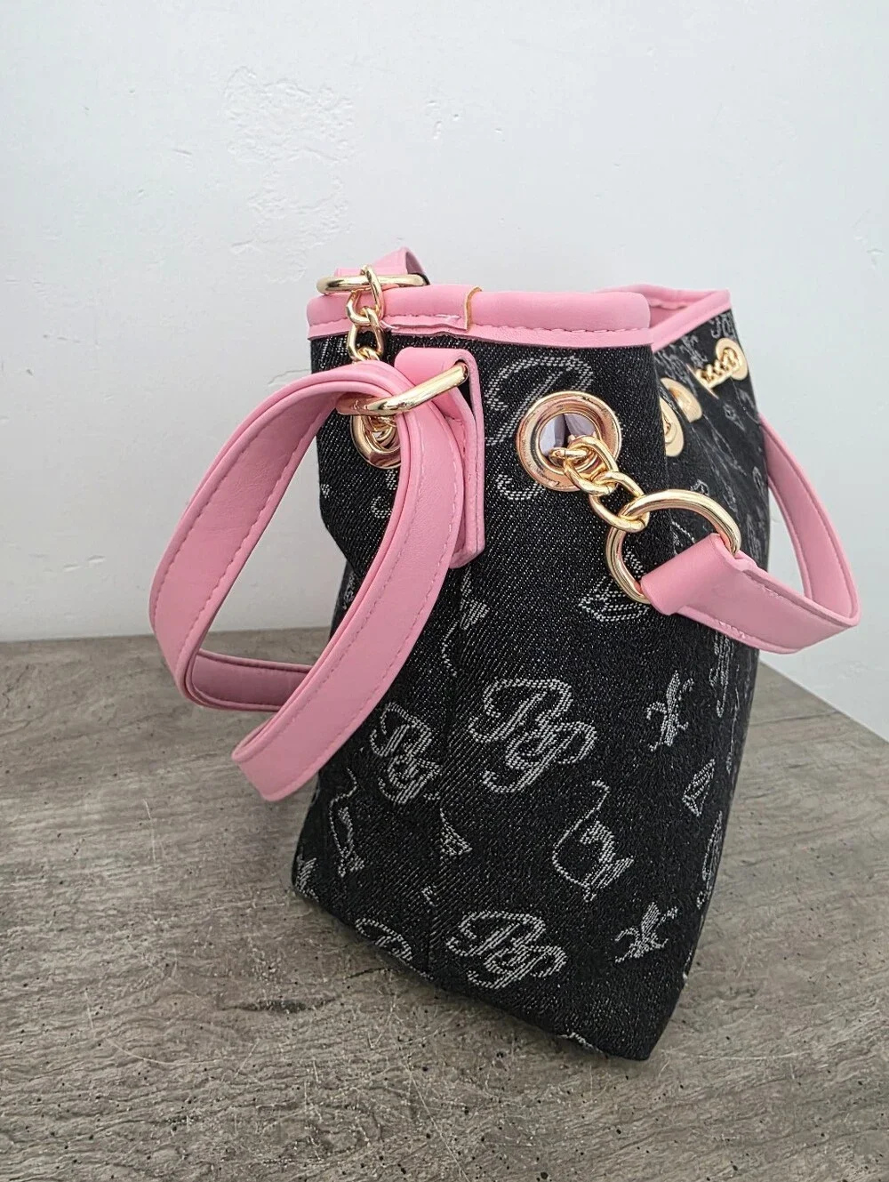 Baby Phat Black and Pink Denim Satchel Tote Bag with Charm New Viral